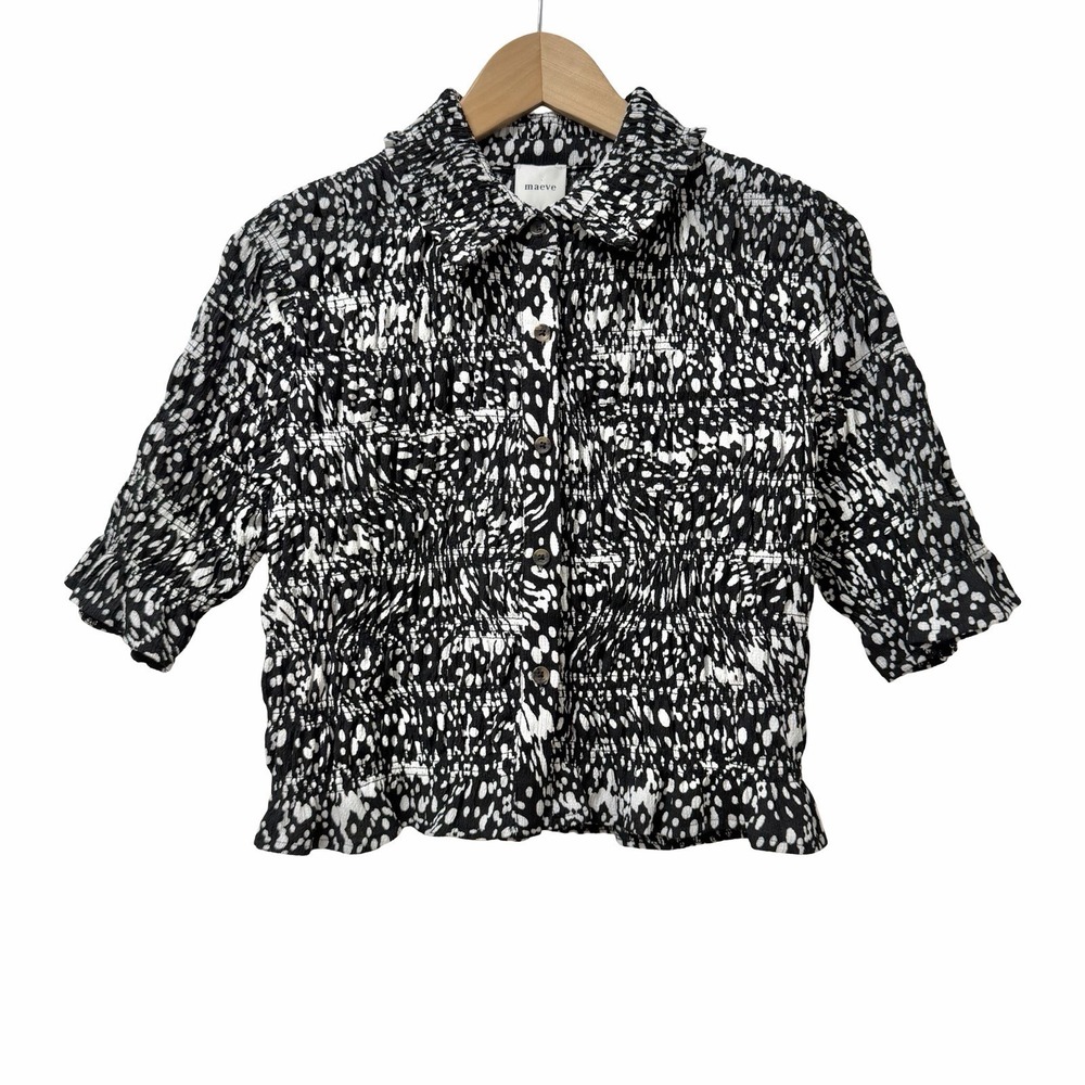 Anthropologie Maeve Smocked Cropped Short Sleeve Top Size M Black Abstract Artsy